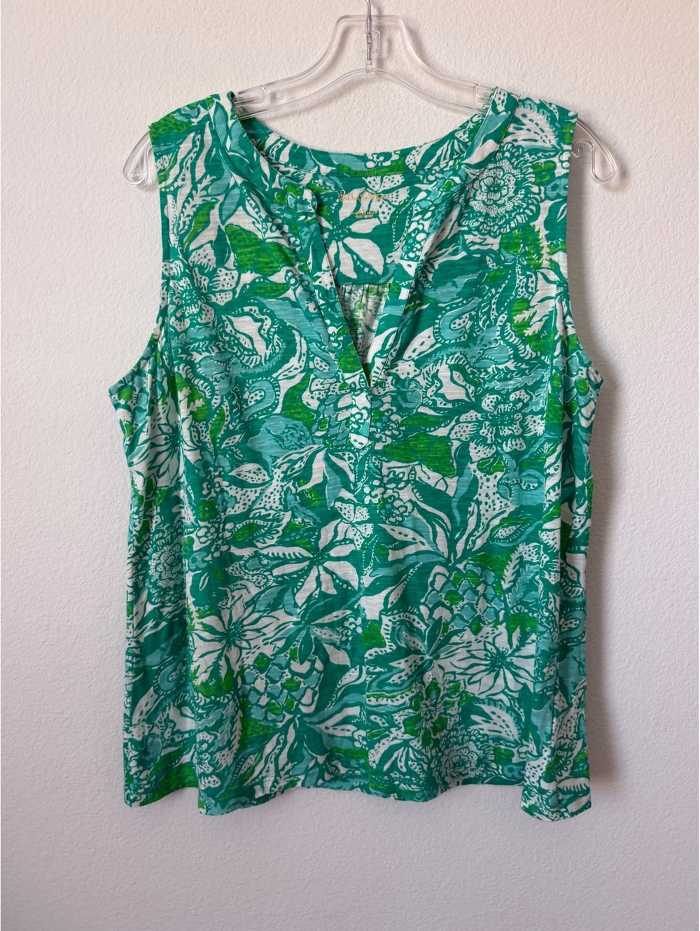 Lilly Pulitzer Sleeveless Split V-Neck Tropical Floral Resort Wear Blouse Size L